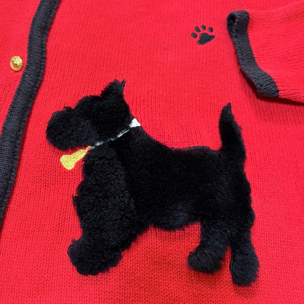 VTG Crystal Kobe‎ Red Scottish Terrier Dog Paw Print Cardigan Fur Collar size L - Picture 2 of 7